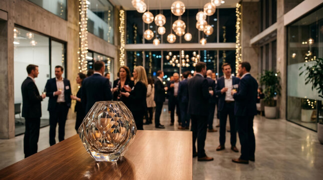 Elegant corporate event with professionals networking in a stylish, modern space with beautiful lighting and decor, perfect for business meetings or social gatherings