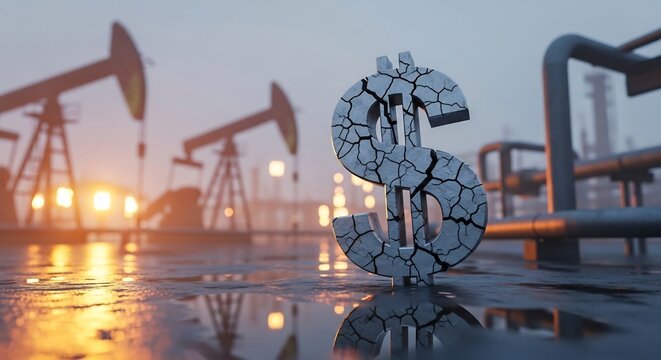 Dollar Sign Made of Cracked Oil Barrels at Pumpjacks, Petrodollar Fracture, Energy Dominance Shift, Sunrise Reflection
