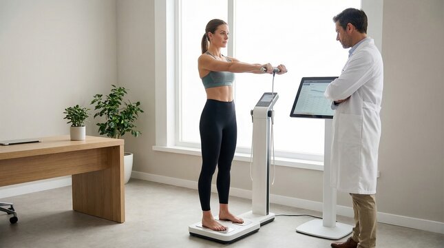 A woman in activewear gets a body composition analysis by a doctor in a modern clinic. This represents health, wellness, and medical check-ups. Ideal for health, fitness, or medical content.