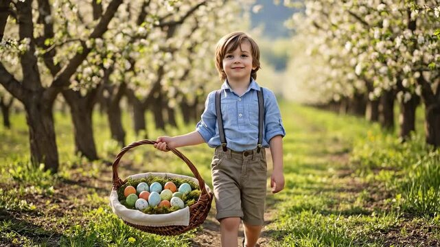Young boy walking through a blooming spring orchard with a basket of colorful Easter eggs