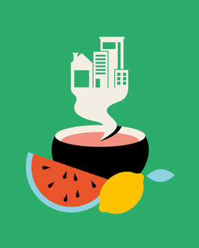 Mug with smoke forming a city skyline