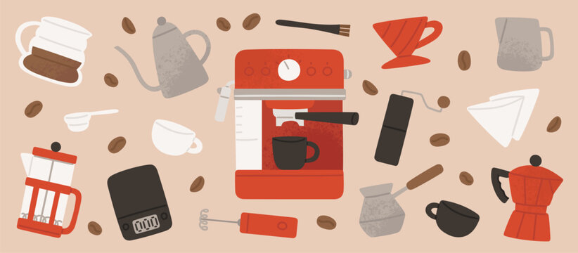 Devices for different coffee brewing methods. Vector illustration set in cartoon flat style. Coffee machine, pour-over, Moka pot, french press, cezve. Equipments for coffee making.Tools for making esp