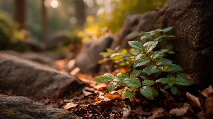Fototapeta premium Lush green plants sprout from a sun d d forest floor amidst rocks and fallen leaves