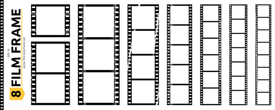 Grunge Film Photo Reel Strip Frame Set. Vintage Cinema Movie Filmstrip Camera Roll Kit. Texture Photo Booth Reel Strip Frame Collection. Grain Vector Illustration Graphic