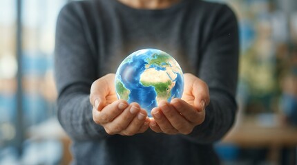 Fototapeta premium Hands gently present a rotating globe in a serene office setting, while the camera smoothly pans to reveal a cinematic, hopeful perspective on global unity and environmental awareness.