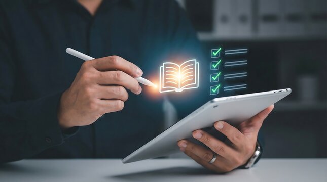 A person uses a stylus on a tablet, interacting with a glowing digital book and checklist, symbolizing online learning success.