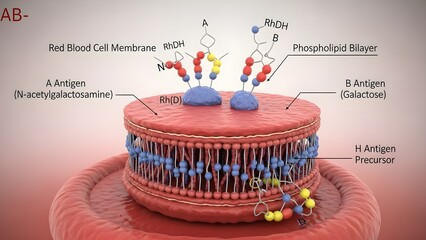 3D molecular cross‑section of an AB negative red blood cell membrane, depicting phospholipid bilayer, A and B antigens, H antigen precursor, and RhD‑absent structures to explain blood group chemistry 