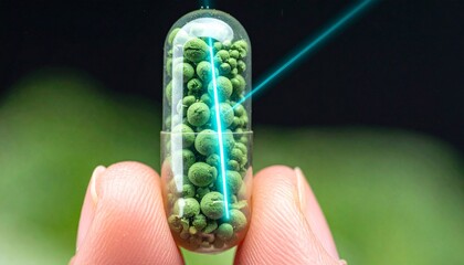 Fingers holding capsule with green peas, laser beam on, outdoors close-up view
