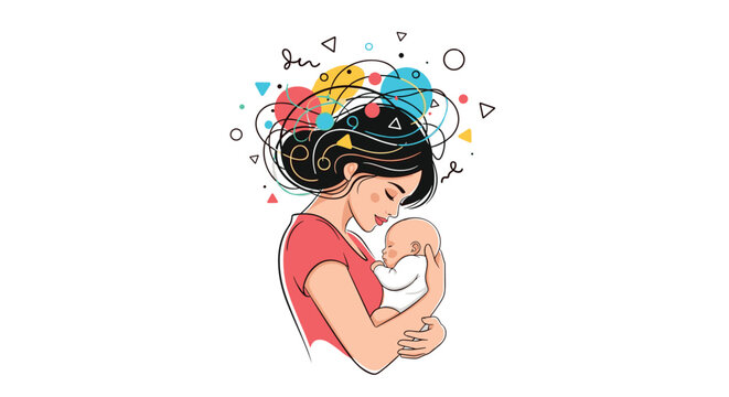 Young mother lovingly holds her sleeping baby while her hair is a tangle of chaotic thoughts, depicting postpartum anxiety.