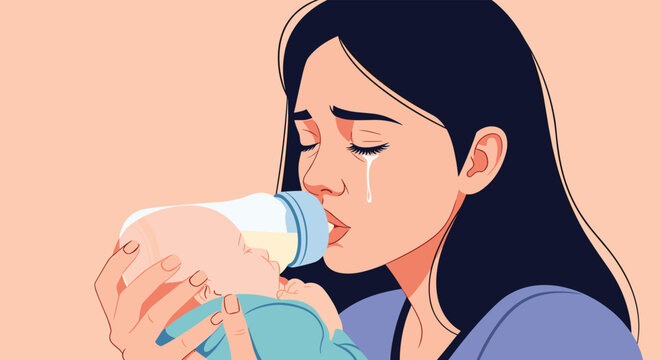 A mother cries with tears running down her face while she lovingly bottle-feeds her newborn baby, showing postpartum sadness.