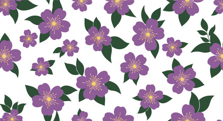 Seamless vector pattern with beautiful purple flowers and green leaves, perfect for textile prints, wallpaper, and backgrounds.