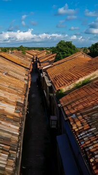 Vertical video: Moving drone forward above terracotta roofs over narrow alley, revealing walkers