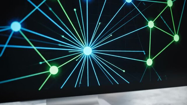 Network connectivity and data visualization in a modern workspace for digital transformation technological innovation and future trends with computer displaying complex node graph illustrating