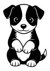 Cute cartoon black and white puppy dog sitting patiently with its paws together isolated on a transparent background