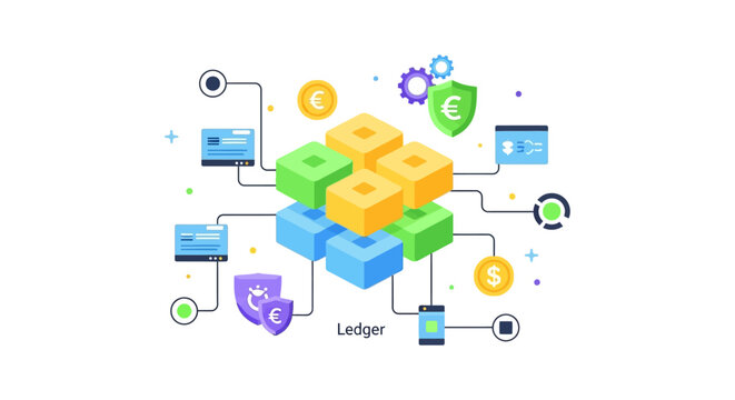 Blockchain Ledger Technology (DLT) concept. Secure decentralized data network, financial transactions, cryptocurrency security, and smart contract architecture.