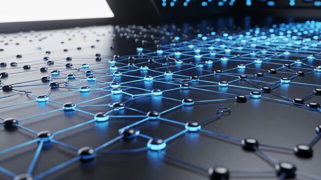 Network connectivity and technology infrastructure in a futuristic data center for digital transformation cloud computing and cybersecurity with glowing nodes illustrating complex systems operating