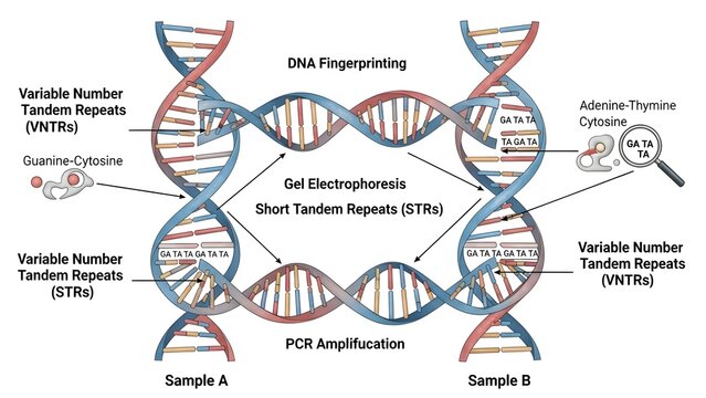 Educational diagram of DNA fingerprinting, showing two double‑helix samples with labeled variable number tandem repeats, short tandem repeats, PCR amplification, and gel electrophoresis steps used to 