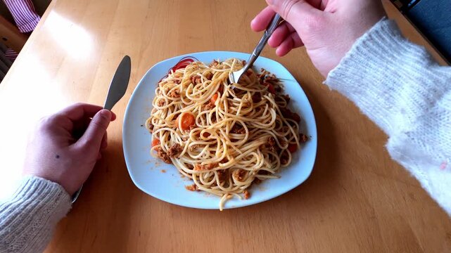 POV of hands wrapping spaghetti on a fork to bring it to the mouth.