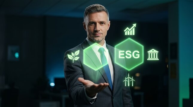 Business professional gestures confidently as glowing ESG icons animate around him, with a slow cinematic camera pan revealing a modern office backdrop, emphasizing sustainability and growth.