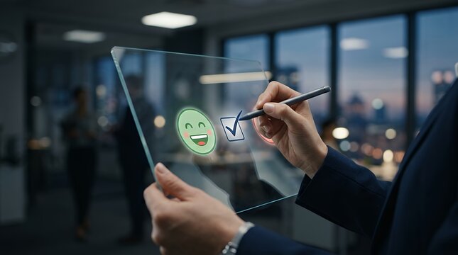 Close-up of a professional marking a checkbox next to a smiling face icon on a translucent satisfaction survey interface, subtle pen movement confirming the positive option, static framing with slow c