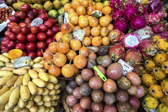 Exotic fruit stall, market, indoor market, Mercado dos Lavradores, Funchal, Madeira, Portugal