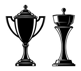 Obraz premium Two black and white vector illustrations of classic and modern award trophies on pedestals, symbolizing victory and achievement.