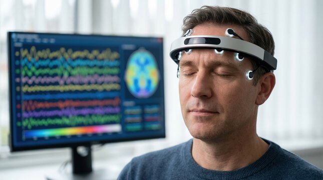A man with an EEG headset and closed eyes is shown, with brain activity data on a monitor. This depicts neuroscience, mental health, and cognitive function. Useful for medical and tech concepts.