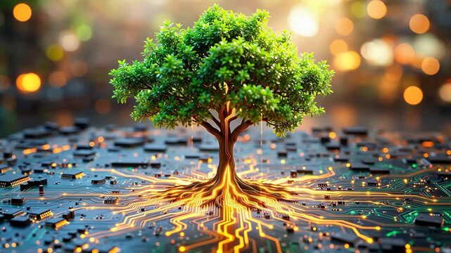 Tree with glowing roots on circuit board