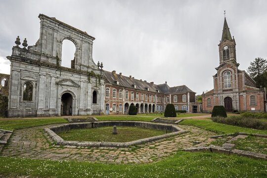Former Aulne Abbey, Abbay d'Aulne, with Saint Joseph Church near Thuin, Hainaut Province, Belgium