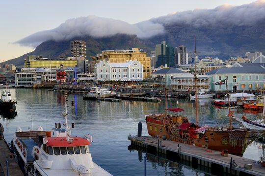 Victoria and Albert waterfront and harbor at sunset, Cape Town, South Africa