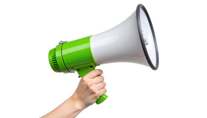 Megáfono verde en mano para anuncios, protestas, comunicaciones y campañas promocionales.
