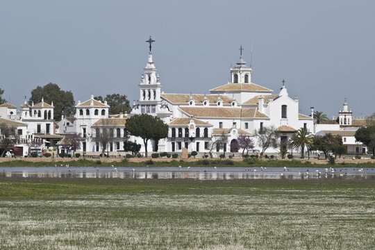 Sanctuary Ermita de el Rocio with lagoon, El Rocio, Andalusia, Spain