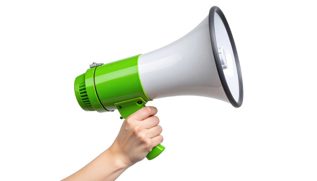 Meg&aacute;fono verde en mano para anuncios, protestas, comunicaciones y campa&ntilde;as promocionales.