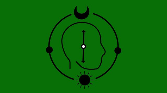 Stylized black outline of a human head profile with internal clock hands and circular orbit containing sun moon and planets against a solid green background representing cycles of time and thought