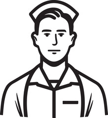 Obraz premium Hand Drawn Man as Nurse Black and White Avatar Illustration in Minimal Line Art Style Design