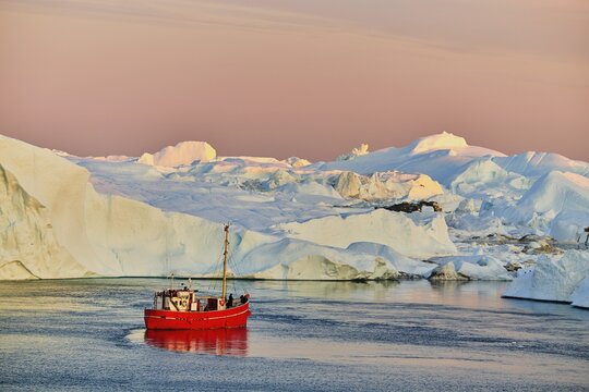 Red boat with tourists in front of icebergs in evening light, Icefjord, UNESCO World Heritage Site, Disko Bay, Ilulissat, West Greenland, Greenland
