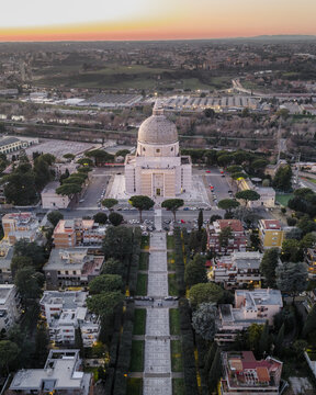 Aerial view of Basilica of Saints Peter and Paul, a geometric marvel amidst the urban sprawl, Rome, Lazio, Italy.