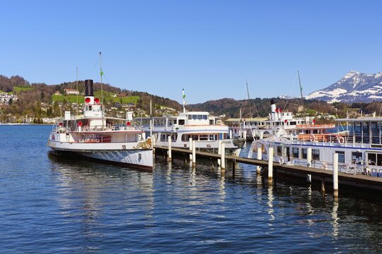 Steamship fleet from Lake Lucerne in the shipyard of Lucerne, Canton Lucerne, Switzerland