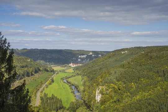 Panorama from Knopfmacherfelsen into the upper Danube valley, Beuron Monastery in the background, Swabian Alb, Baden-W&uuml;rttemberg, Germany