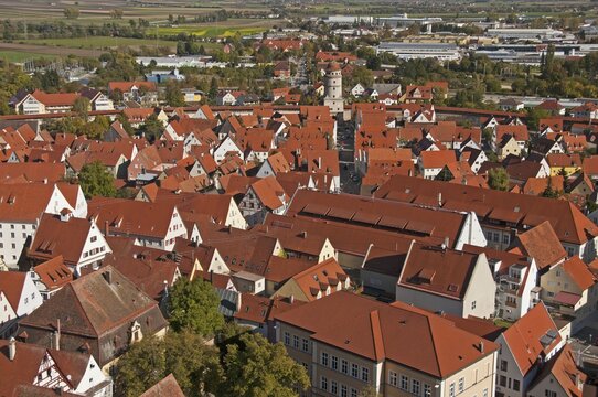 View from the 89, 5 m high tower, the Daniel, Protestant Parish Church of St. George, over the roofs of N&ouml;rdlingen, Donau-Ries, Bayrisch Swabia, Bavaria, Germany