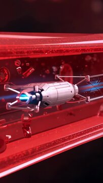 Vertical video: Thruster firing microbot moving through red tube to inspect, trailing blue exhaust