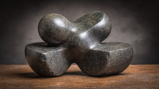 Abstract stone sculpture formed from interlocking smooth shapes, showcasing polished speckled granite.