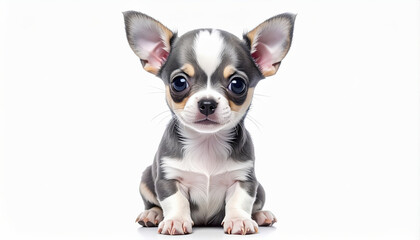 lindo retrato de un cachorrito de chihuahua gris y blanco sobre fondo de estudio blanco