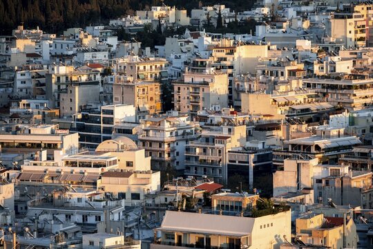 Densely populated cityscape, Many white houses, Athens, Greece