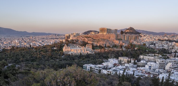 Parthenon Temple, ancient tourist landmark on the Acropolis of Athens, dusk, Athens, Greece