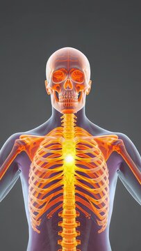 Vertical video: Pulsing 3D skeleton sternum light rising, making glow along spine ribs in studio
