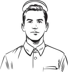 Hand Drawn Man as Nurse Black and White Avatar Illustration in Minimal Line Art Style Design