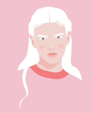 Modern flat vector portrait of a young man with albinism, long white hair and pale skin. Perfect for concepts of diversity, inclusion, unique beauty, fashion illustrations, and avatars.