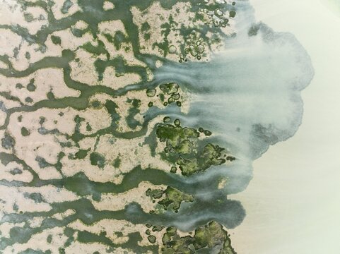 Network of channels and streams at low tide at their confluence with a larger body of water, in the marshland of the Bah&iacute;a de C&aacute;diz, aerial view, drone shot, C&aacute;diz province, Andalusia, Spain