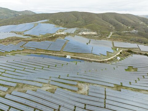 Rows of solar panels at the photovoltaic plant of Lucainena de las Torres, aerial view, drone shot, Almer&iacute;a province, Andalusia, Spain